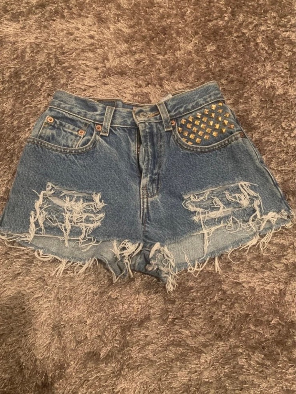 Levi's Distressed Blue Denim Shorts with Gold Studs